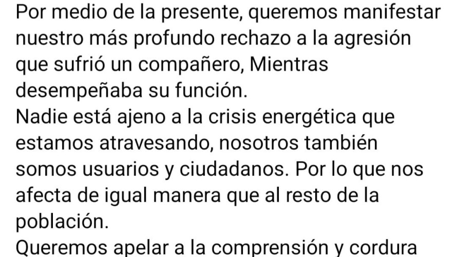 Apagón: el sindicato de Luz y Fuerza repudió la agresión que sufrió un empleado de la Cooperativa