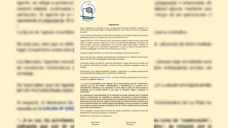 Comunicado del Colegio de Martilleros y Corredores Públicos de Azul