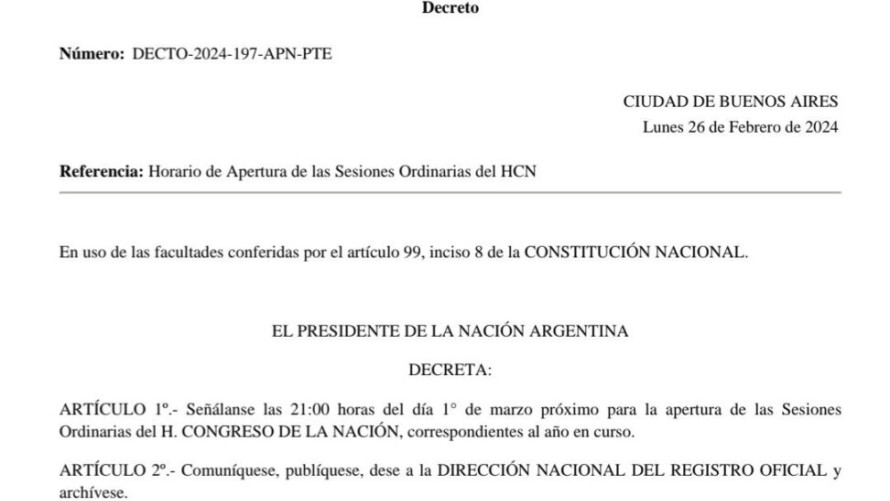 Milei abrirá las sesiones ordinarias del Congreso el viernes a las 9 de la noche
