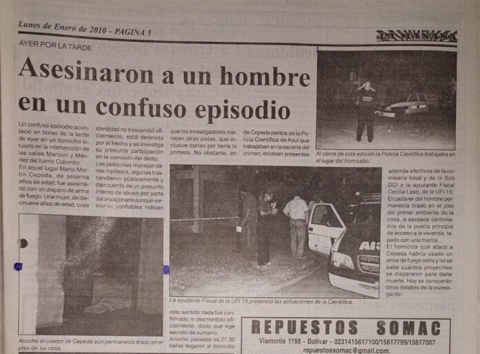 El diario “La Mañana” y una nota alusiva a lo que fuera este homicidio, ocurrido en esa ciudad el 24 de enero de 2010. ARCHIVO/LA MAÑANA