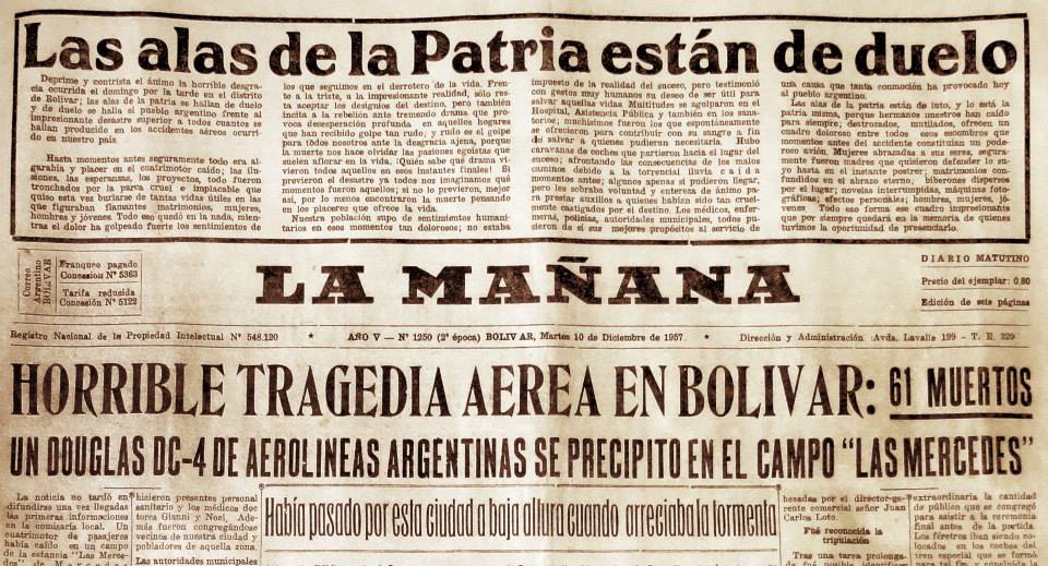El diario La Mañana del día posterior al accidente. (Facebook Partido de Bolívar Nuestra Historia)